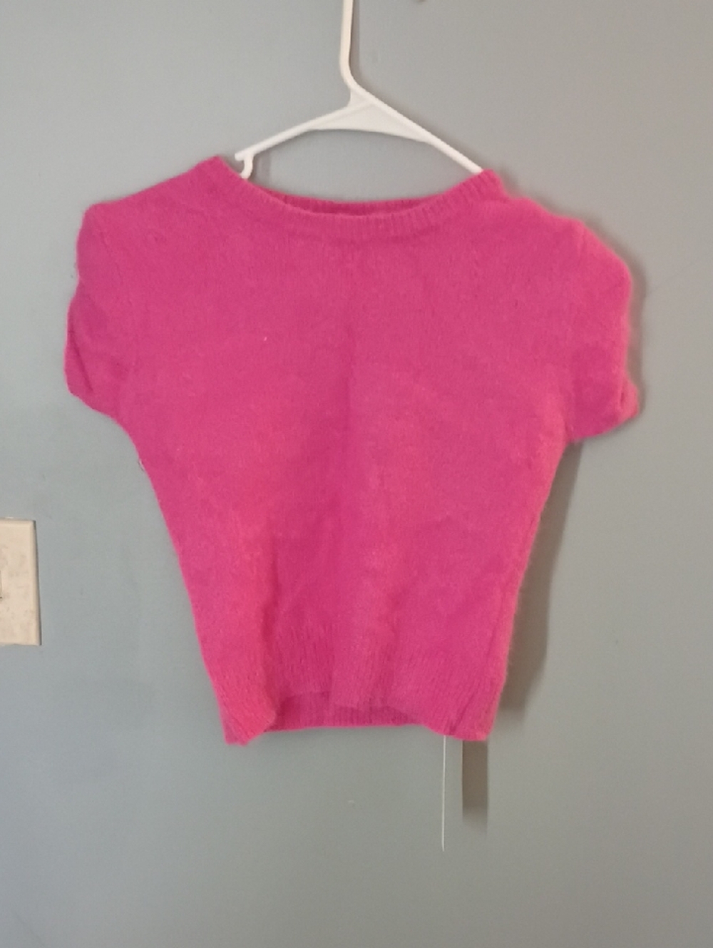 Ann Taylor Short-Sleeve Crew Sweater in Hot Pink Rabbit Hair